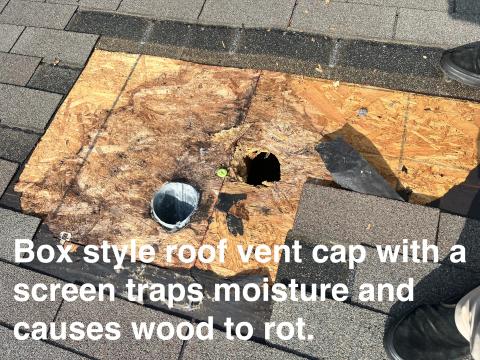 Roof damaged by moisture trapped under a box style vent cap with a screen