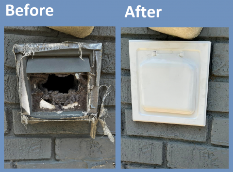 Before and after of a broken 3 louver dryer vent cap 